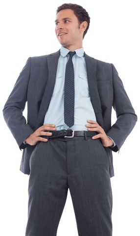 Confident Businessman Standing in Gray Suit and Blue Dress Shirt Transparent