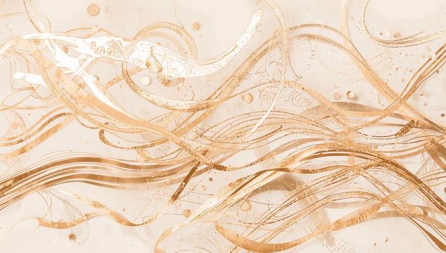 Flowing abstract metallic ribbons creating rhythmic golden waves on beige canvas for luxe decor