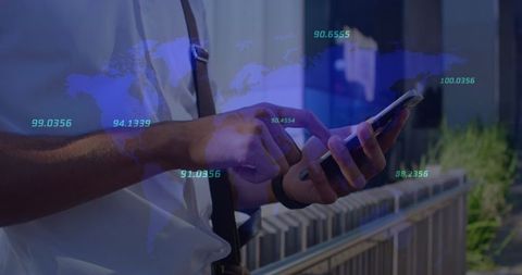 Caucasian Businessman Analyzing Data on Smartphone with Digital World Map Overlay