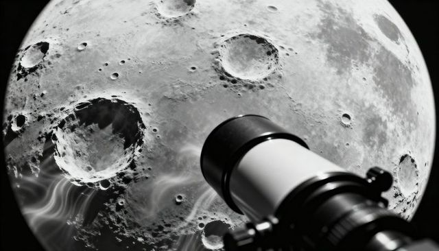 Telescope observing moon close-up showing cratered lunar surface in high-contrast monochrome