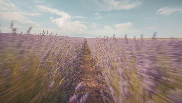 Scenic Lavender Field Path Under Blue Sky