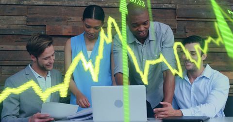 Diverse Colleagues Discussing Financial Data Overlay in Modern Office