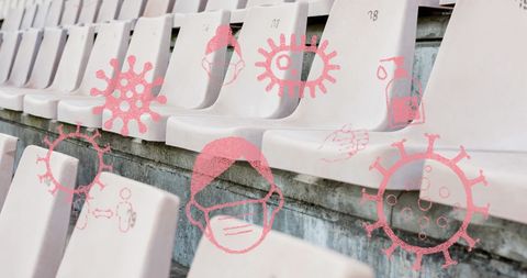 Empty Stadium Seats with Floating Pandemic Icons Symbolize COVID-19 Impact