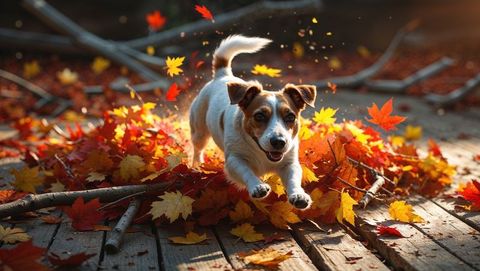 Energetic small dog bounding across autumn leaves