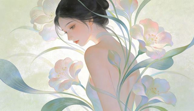 Ethereal woman turning among pastel lilies, luminous watercolor botanical figure in soft light