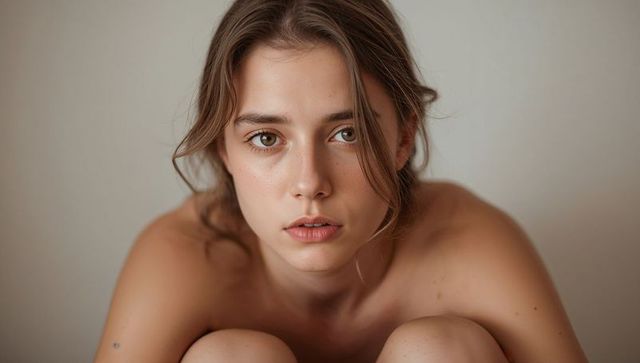 Introspective young woman cradling knees bare-shouldered minimal beige portrait closeup