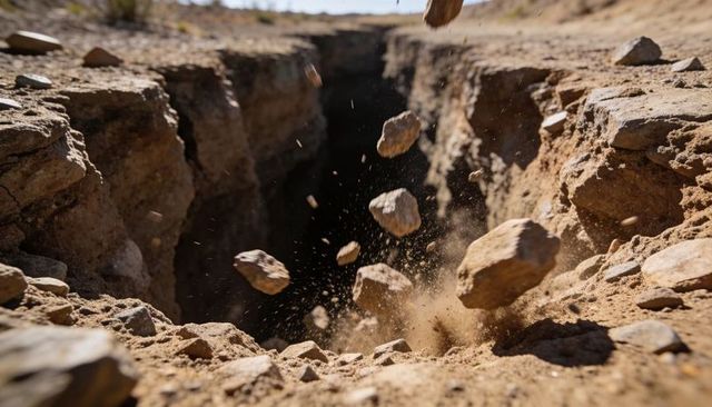 Rocks tumbling into deep desert crevice with dust erupting, erosion and debris motion