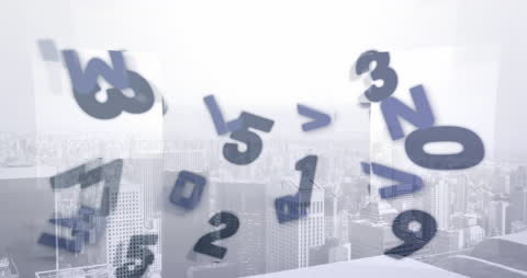 Floating Letters and Numbers Over Cityscape Panorama