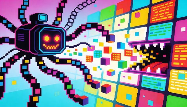 Retro tv robot attacking neon pixel grid with voxel tentacles and digital mouth