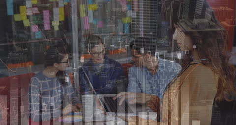 Business Team Analyzing Financial Data Amidst Cityscape Overlay