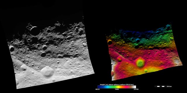 These images from NASA Dawn spacecraft show part of asteroid Vesta equatorial region, which contains a prominent, deep impact crater lower center of images and large troughs linear depressions.