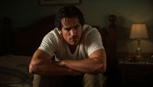 Midlife man sitting on bed leaning forward at night contemplating in dim cozy bedroom quiet