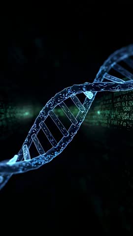 Rotating Blue DNA Helix Scanning Digital Data Stream in Vertical Futuristic Tech Animation