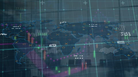 Digital World Map with Technological Graphs and Charts