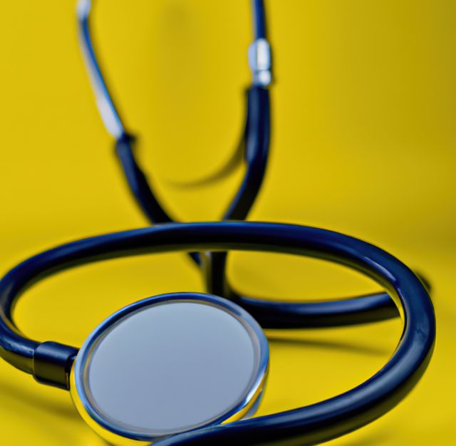 Image of close up with detail of stethoscope on yellow background. Medicine, doctors and healthcare services concept.