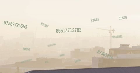 Digital numbers overlay on urban morning skyline