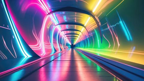 Futuristic neon lit tunnel with modern reflective walkway