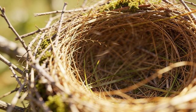 Empty woven bird nest showing dried grass, pine needles and moss close-up macro texture