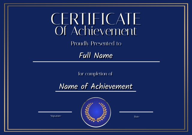 Elegant certificate template featuring blue background and modern design elements. Ideal for formal recognition of achievements and accomplishments in various fields. Perfect for use in educational institutions, corporate settings, and award ceremonies. Customizable sections for recipient's name, accomplishment title, signatures, and date. Adds a professional and refined touch to presentations.