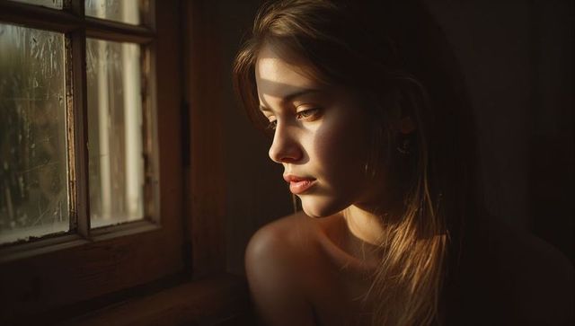 Young woman gazing through wooden window at golden hour intimate chiaroscuro portrait