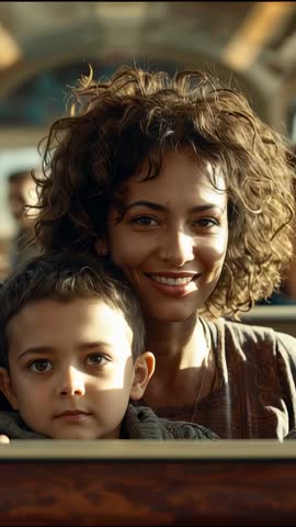 Vertical video showing mother smiling and winking at young son while seated in church pew