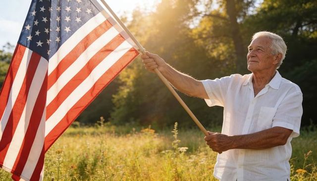 Senior man holding american flag in sunlit meadow conveying patriotism and freedom