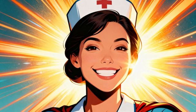 Smiling nurse radiating heroism in retro sunburst poster style vintage medical icon