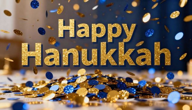 Happy Hanukkah Gold Glitter Text with Falling Blue and Gold Confetti and Sparkling Bokeh