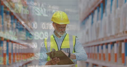 Warehouse Worker with Financial Data Overlay Technology Concept