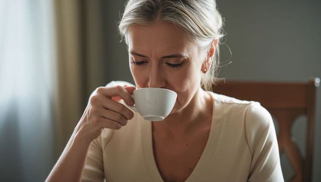 Mature blonde woman sipping tea at dining table, calm contemplative portrait for wellness