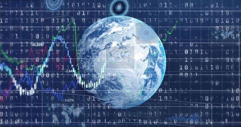 Earth globe with financial charts and binary data overlay for global analytics dashboard