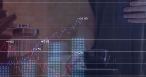 Global business data visualization with digital interface in cafe