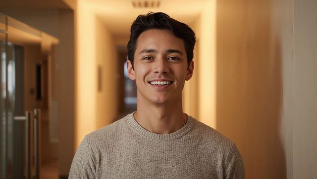 Young asian man smiling in warm modern hallway wearing neutral knit sweater