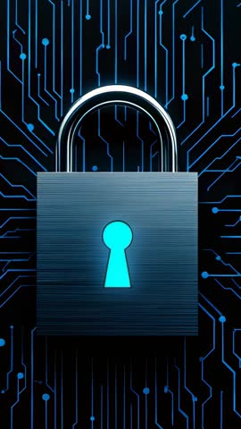 Vertical Cybersecurity Video Metallic Padlock with Glowing Keyhole on Neon Circuit Board
