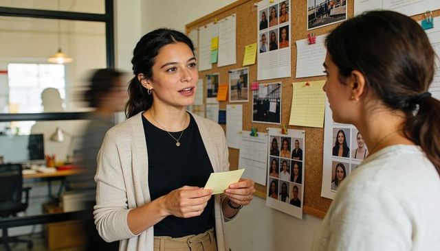 Holding sticky note and discussing project at cork board in modern open-plan office