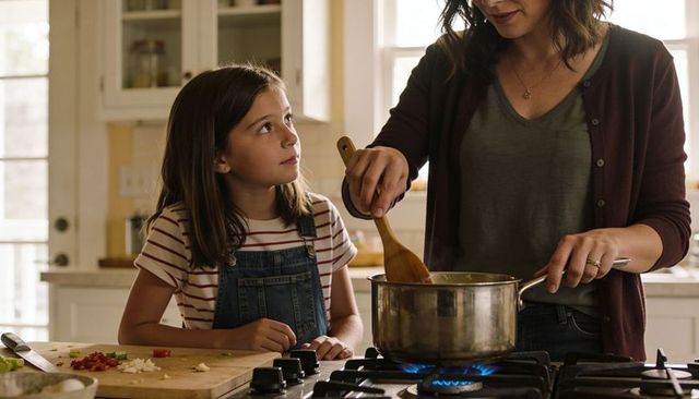 Mother stirring soup while daughter watches and chopping vegetables in cozy kitchen