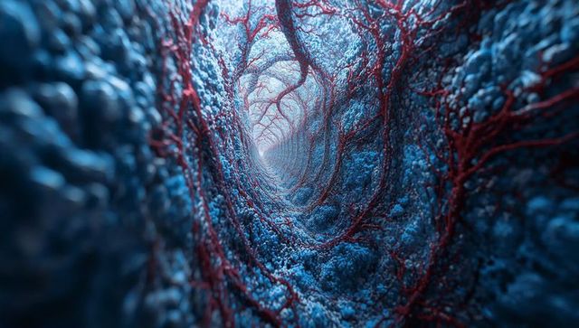 Vascular tunnel extending toward luminous vanishing point inside textured cyan matrix
