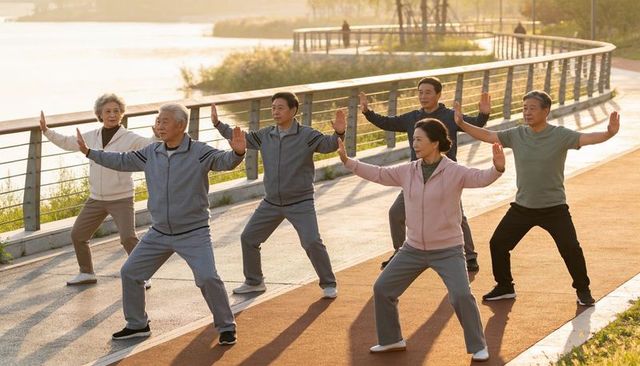 Asian seniors practicing tai chi on riverside path at sunrise promoting health and balance