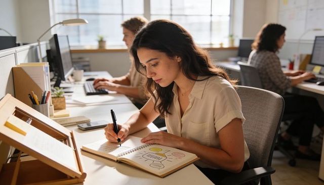 Young woman sketching colorful diagram in spiral notebook at open-plan office desk, focusing
