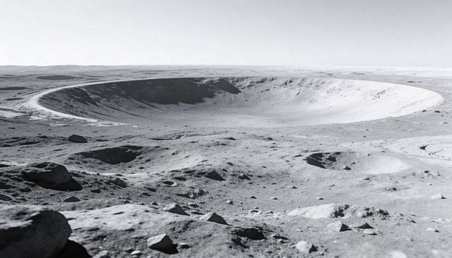 Massive lunar impact crater with raised rim and sloping inner walls, panoramic grayscale