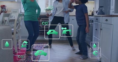 Dancing family in smart kitchen displaying ar energy efficiency icons and sustainability