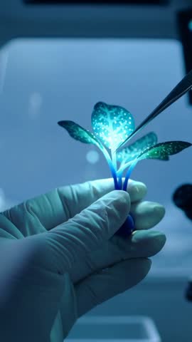 Gloved scientist examining glowing bioluminescent plant under microscope for precision lab research