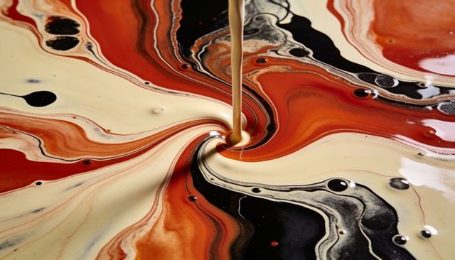 Pouring creamy stream forming central marbled vortex with red, black and beige swirls