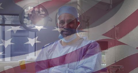American pride: smiling doctor with flag overlay