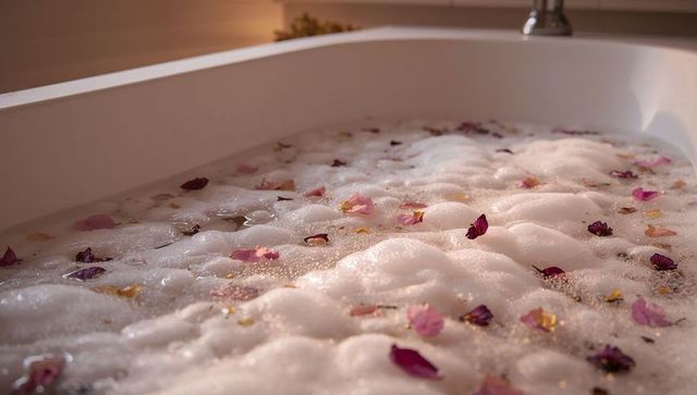 Foamy bubble bath with pink and purple petals, soft ambient lighting, luxury relaxation
