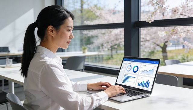 Asian woman analyzing dashboard on laptop in bright office with spring cherry blossoms