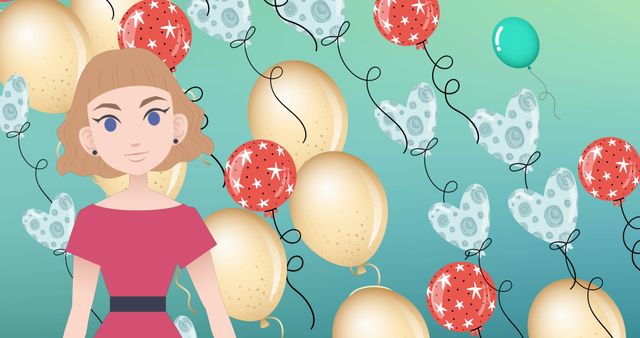 Woman Celebrating with Illustrated Balloons and Patterns - Download Free Stock Images Pikwizard.com