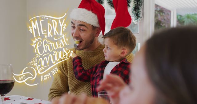Image of merry christmas and happy new year text over caucasian family wearing santa hats. Christmas, tradition and celebration concept digitally generated image.