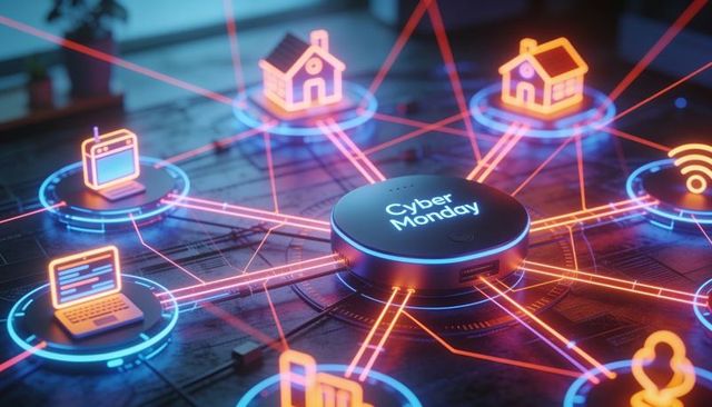 Neon cyber monday hub connecting smart home devices and e-commerce network on pcb