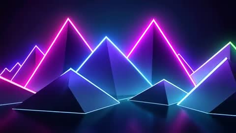 Camera moving through neon pyramid landscape on glossy reflective floor, cinematic loop